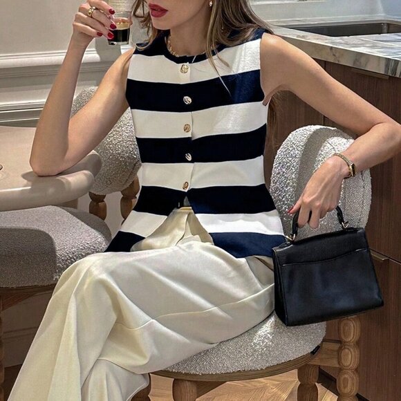 Multicolor Casual Women's Wide Stripe Round Neck button down knit vest top - Picture 4 of 5